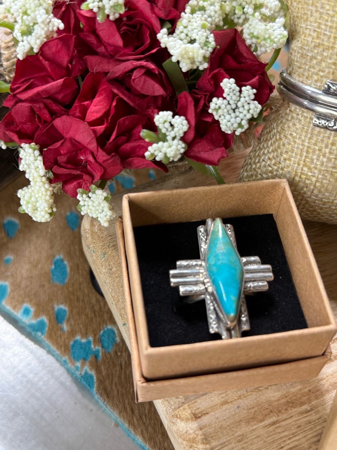 Turquoise Zia Sterling Silver Diamond Cut Ring Size 7