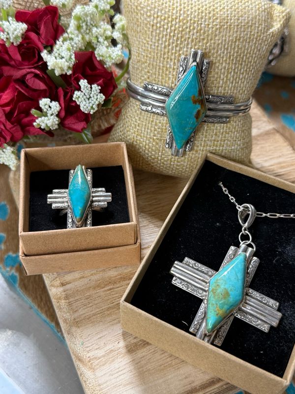 Turquoise Zia Sterling silver Diamond Cut Cuff Bracelet