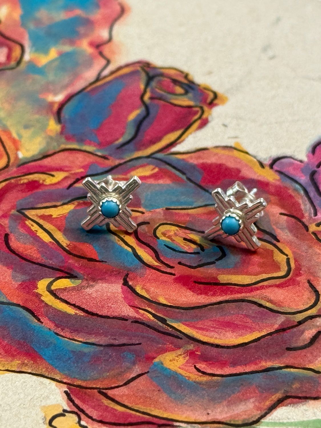 Turquoise Zia Mini Silver Stud Earrings 