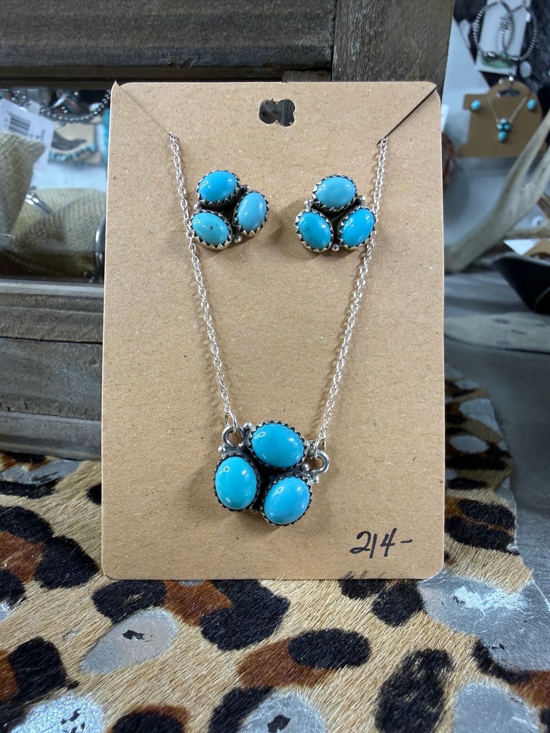 Triple Cluster Turquoise Necklace Earrings Set 