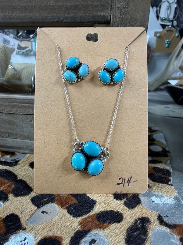 Triple Cluster Turquoise Necklace Earrings Set 