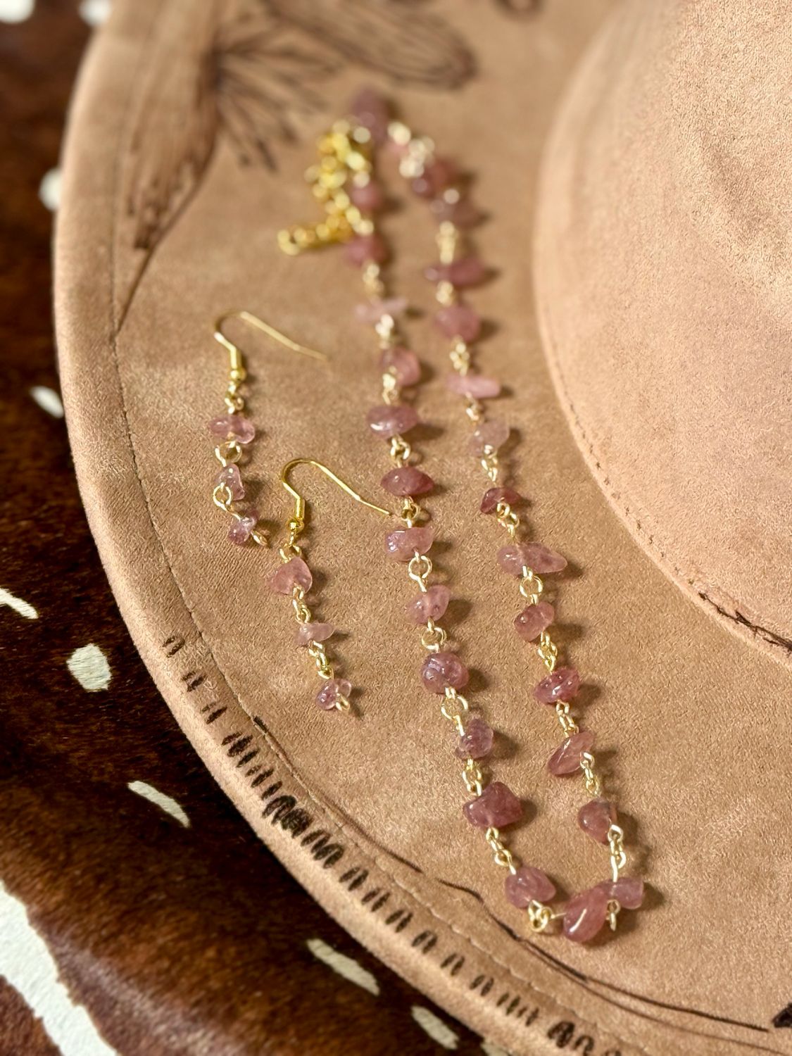 Pink Tourmaline Gold Chain Necklace &amp; Earring Set