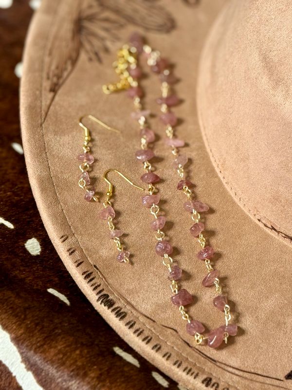 Pink Tourmaline Gold Chain Necklace &amp; Earring Set