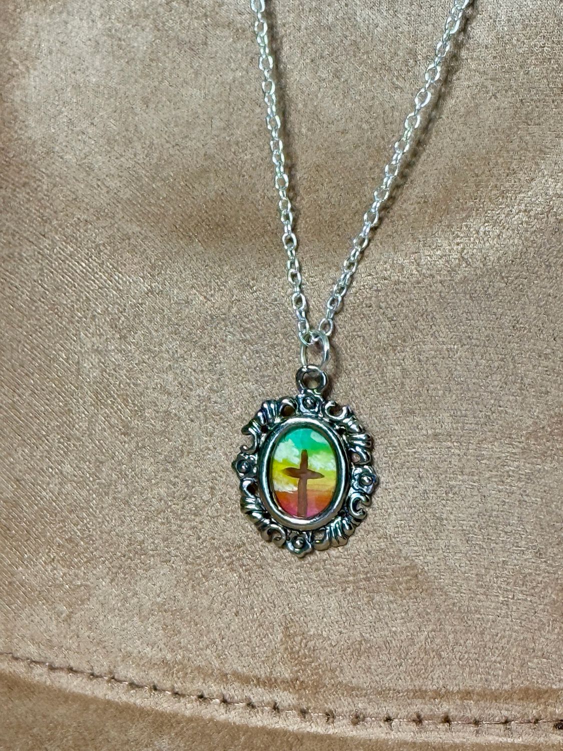 Vintage Handpainted Cross Medallion Necklace 