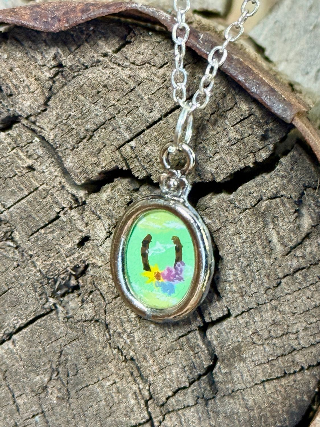 Vintage Hand Painted Horse Shoe Medallion Necklace 