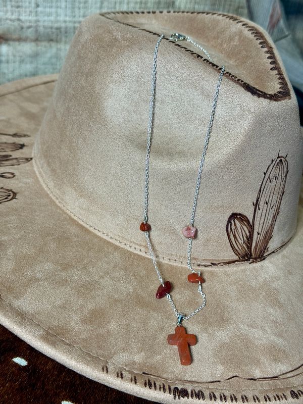 Red Jasper Cross Necklace with Stone