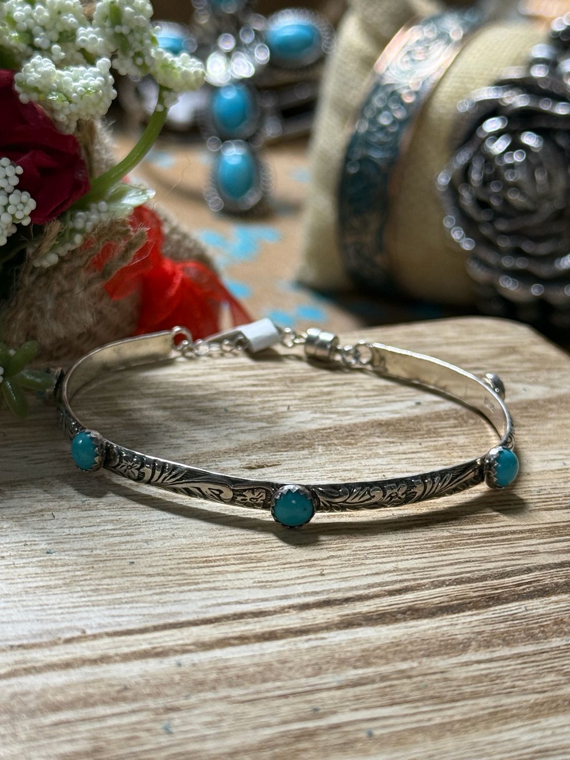 Stamped Sterling &amp; Turquoise Western Cuff Bracelet