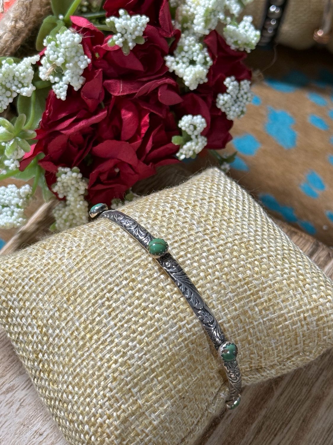 Stamped Sterling &amp; Green Turquoise Western Cuff Bracelet 