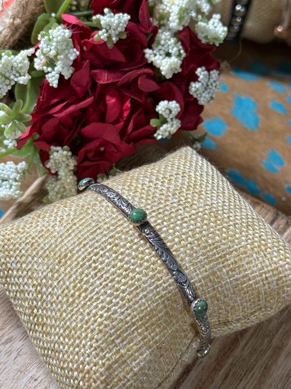 Stamped Sterling &amp; Green Turquoise Western Cuff Bracelet 