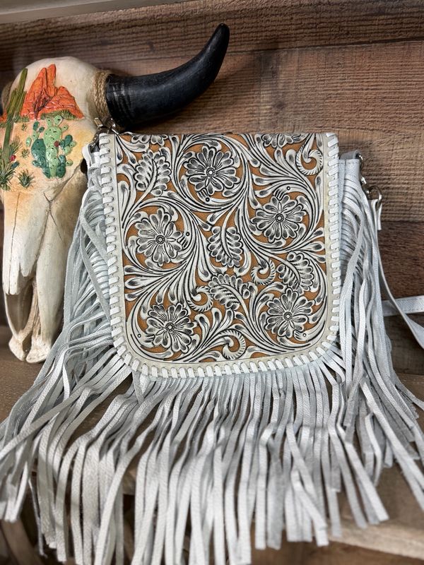 White Tan Fringe Crossbody