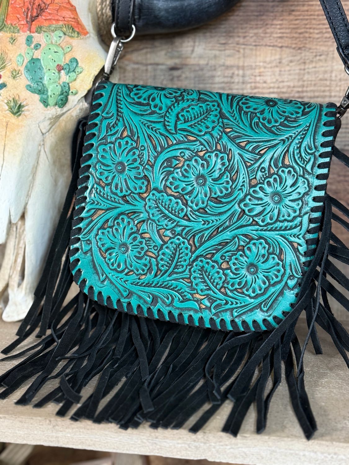 Turquoise Black Fringe Crossbody