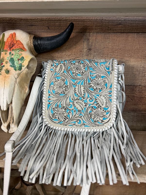 White Turquoise Fringe Crossbody-Large