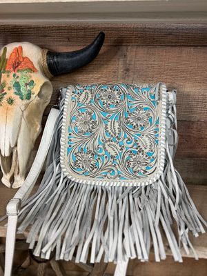 White Turquoise Fringe Crossbody-Large