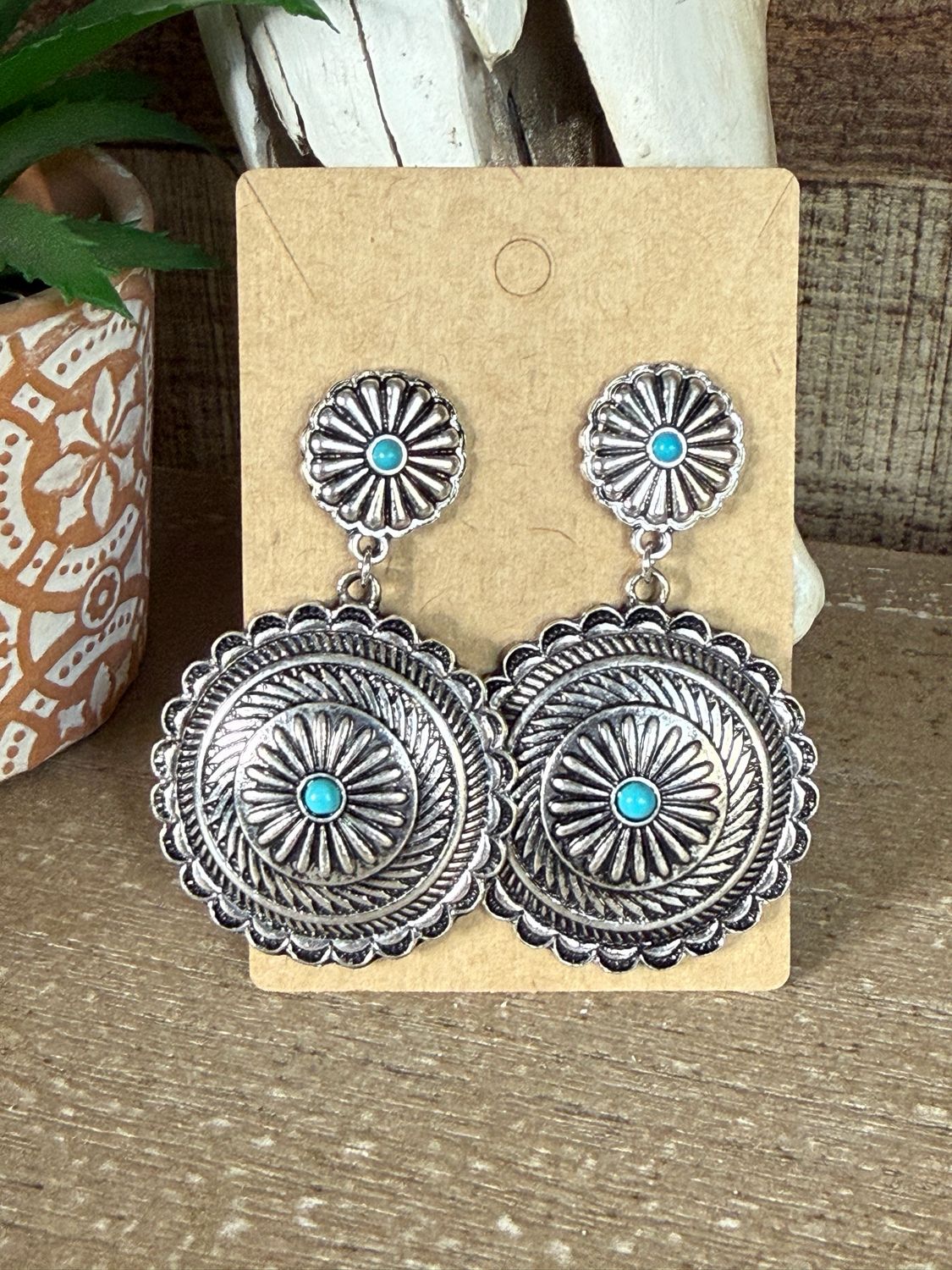 Concho with Stone Post Statement Earrings