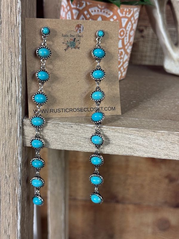 Linked Turquoise Stone Post Long Drop Earrings