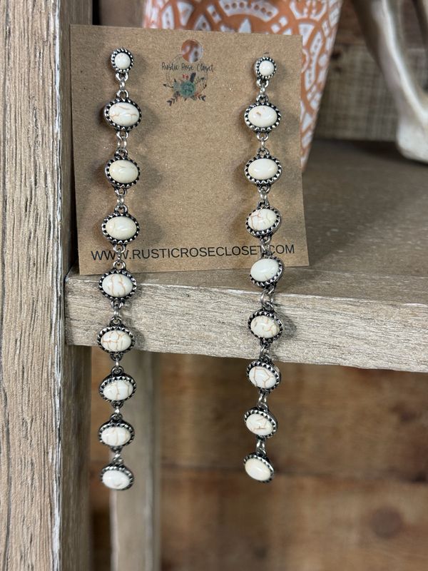 Linked White Stone Post Long Dangle Earrings