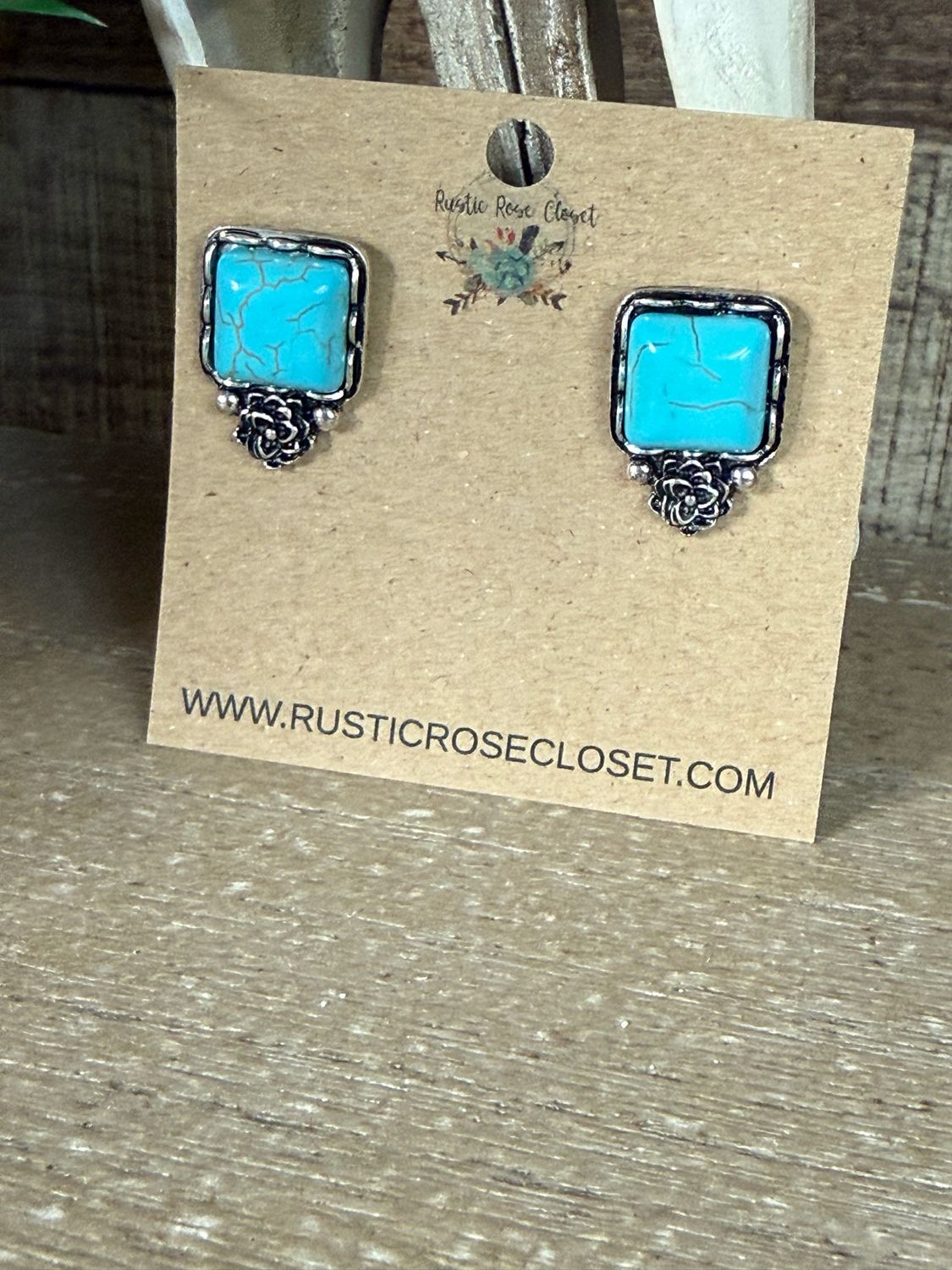 Square Turquoise Flower Stud Earrings