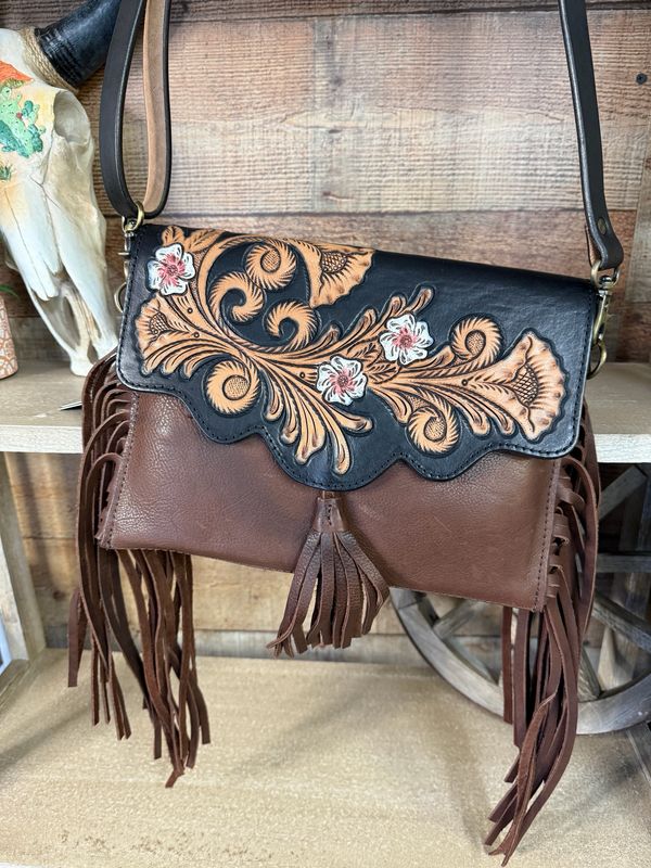Black &amp; Brown Tooled Leather Floral Fringe Crossbody
