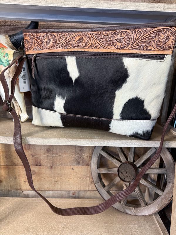 Large Crossbody Tooled &amp; Hide Western Bag