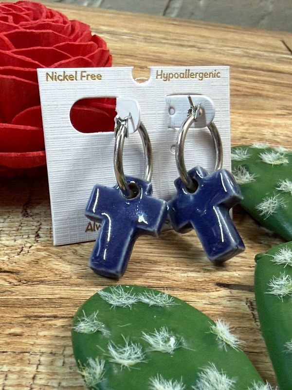 Denim Cross Charm Hoop Earrings