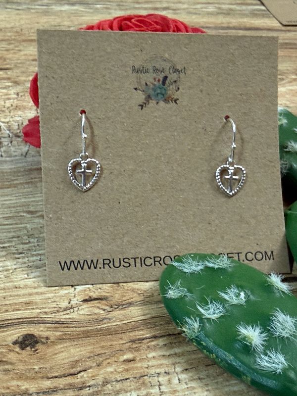 Silver Heart Cross Dangle Earrings