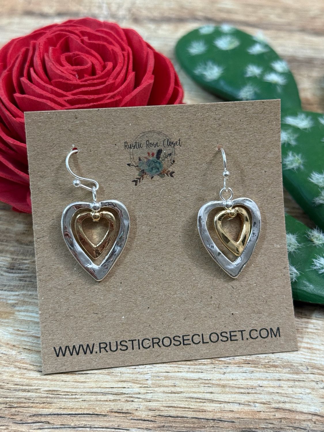 Two Toned Double Heart Earrings