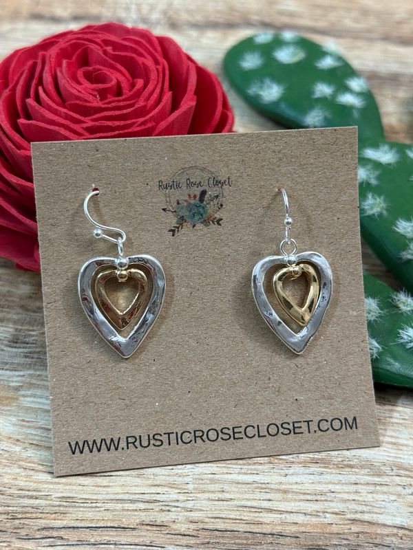 Two Toned Double Heart Earrings