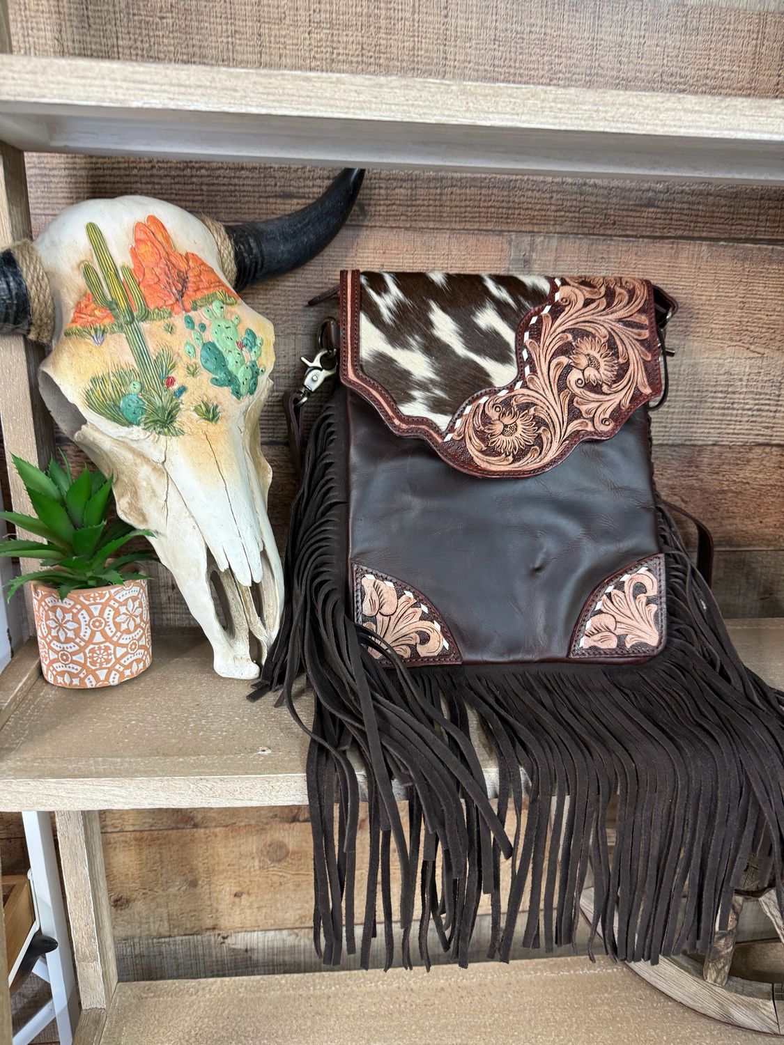 Brown Leather Tooled Cowhide Fringe Western Purse