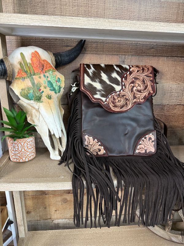 Brown Leather Tooled Cowhide Fringe Western Purse