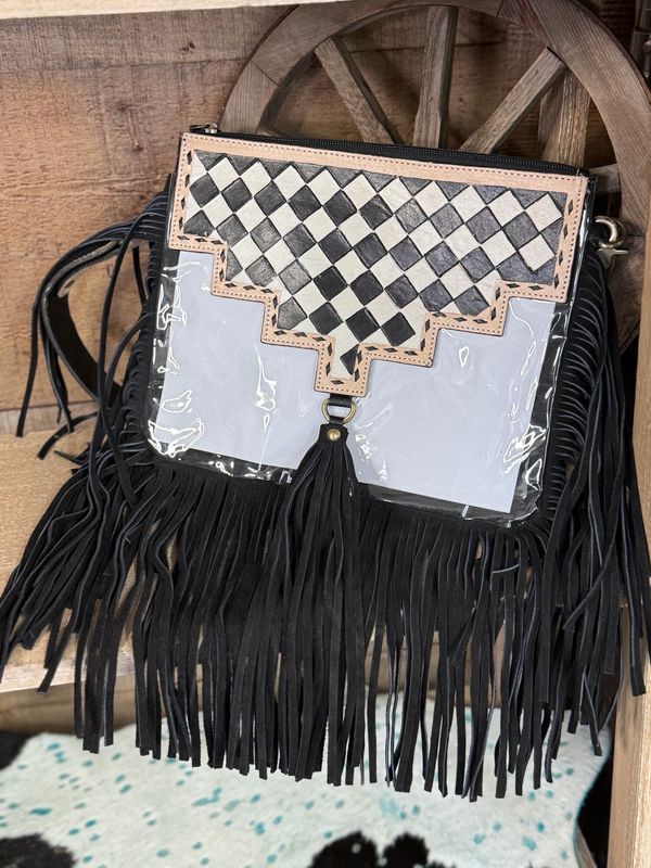 Checkered Fringe Clear Stadium Bag