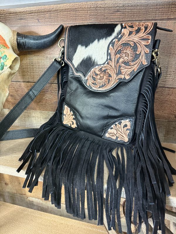 Black Leather Tooled Cowhide Fringe Western Purse