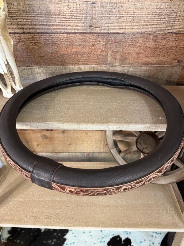 Tooled Leather Steering Wheel Cover