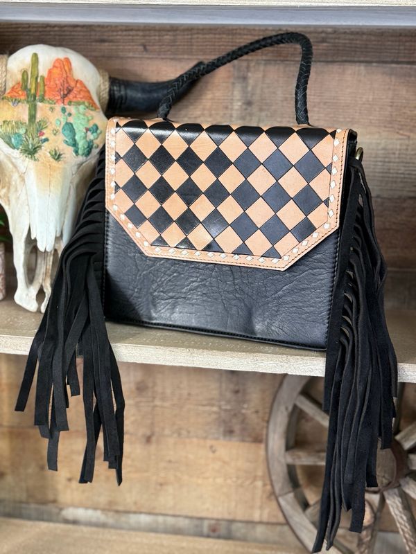 Brown &amp; Black Checkered &amp; Fringe Leather Crossbody Purse