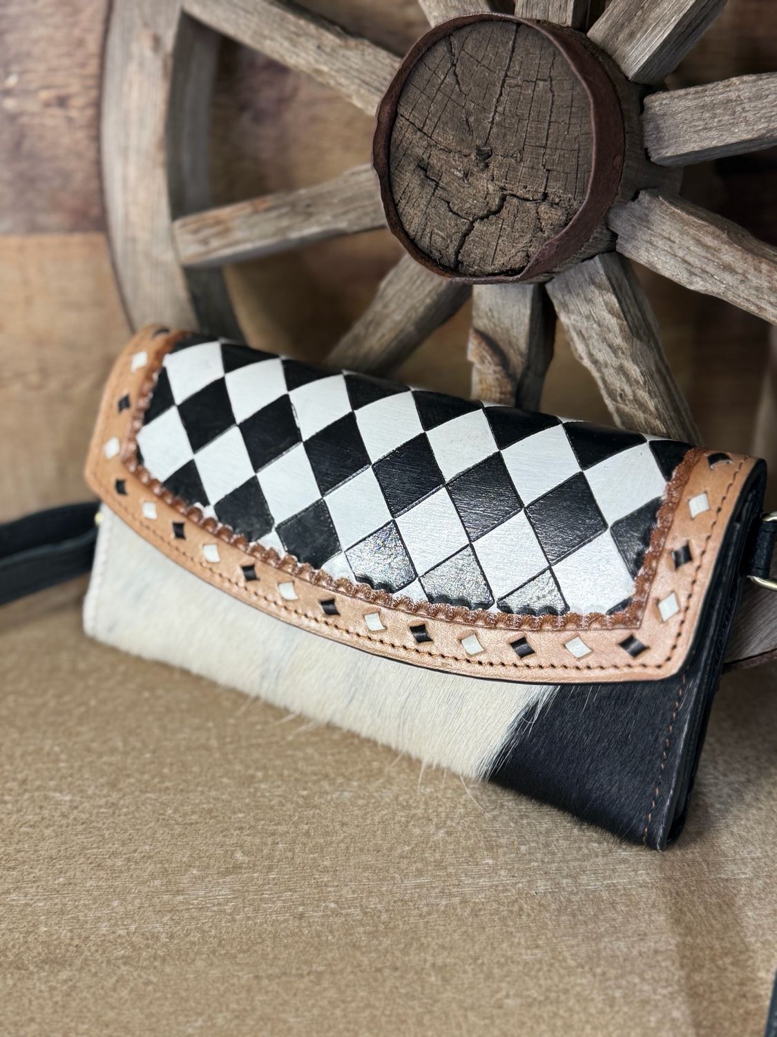 Black White Checkered Leather Cowhide Wallet