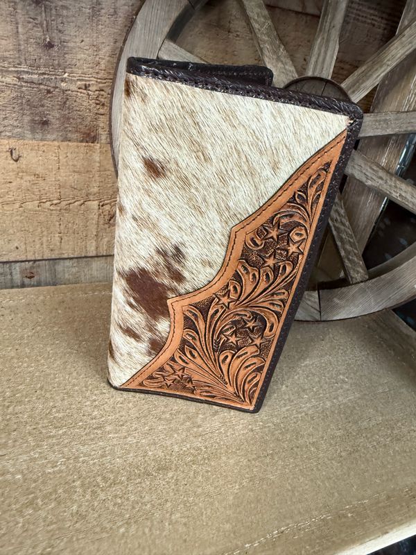 Brown Cowhide Tooled Leather Long Snap Wallet