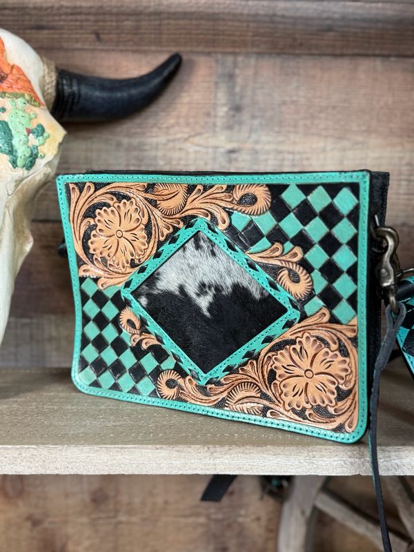 Turquoise Black Checkered Cowhide &amp; Tooled Leather Crossbody Western Purse