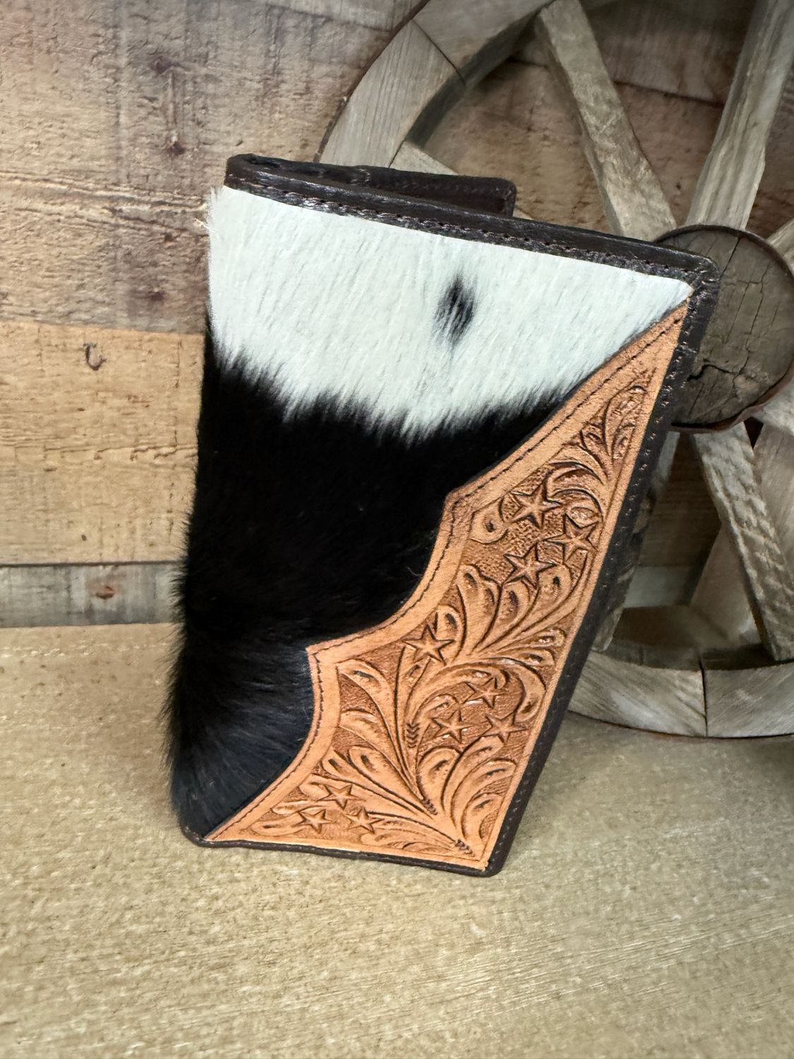 Black Cowhide Tooled Leather Long Snap Wallet