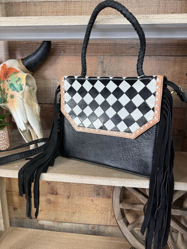 Black &amp; White checkered &amp; Fringe Leather Crossbody Purse