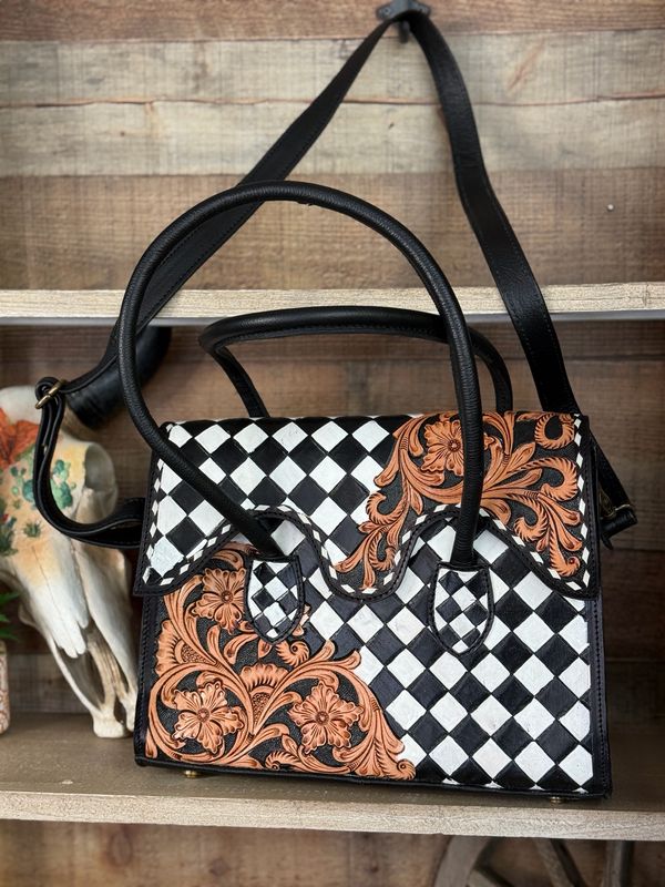 Western Leather Black &amp; White Checkered Handbag