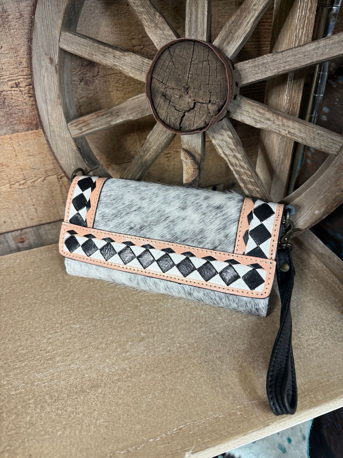 Black White Checkered Cowhide &amp; Leather Wallet