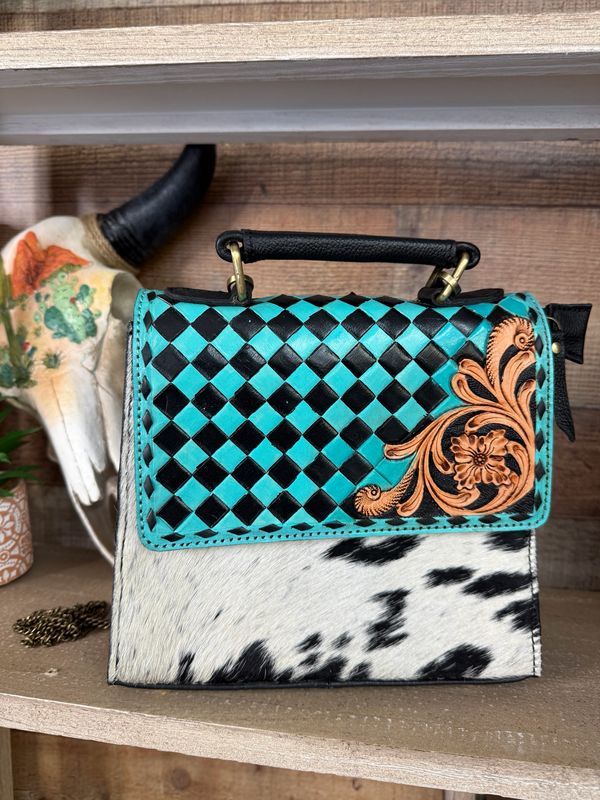 Black Turquoise Checkered Leather Cowhide Crossbody