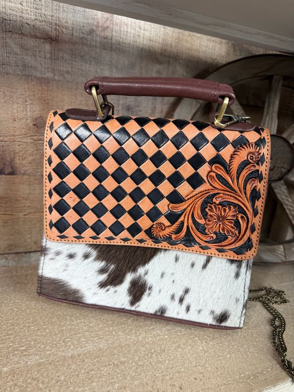 Brown Black Checkered Leather &amp; Cowhide Crossbody Bag