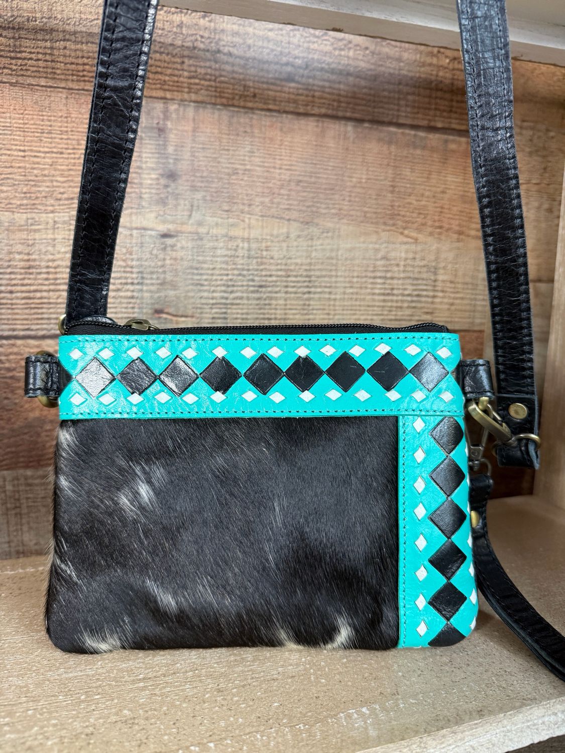 Turquoise &amp; Black Cowhide Checkered Crossbody Purse