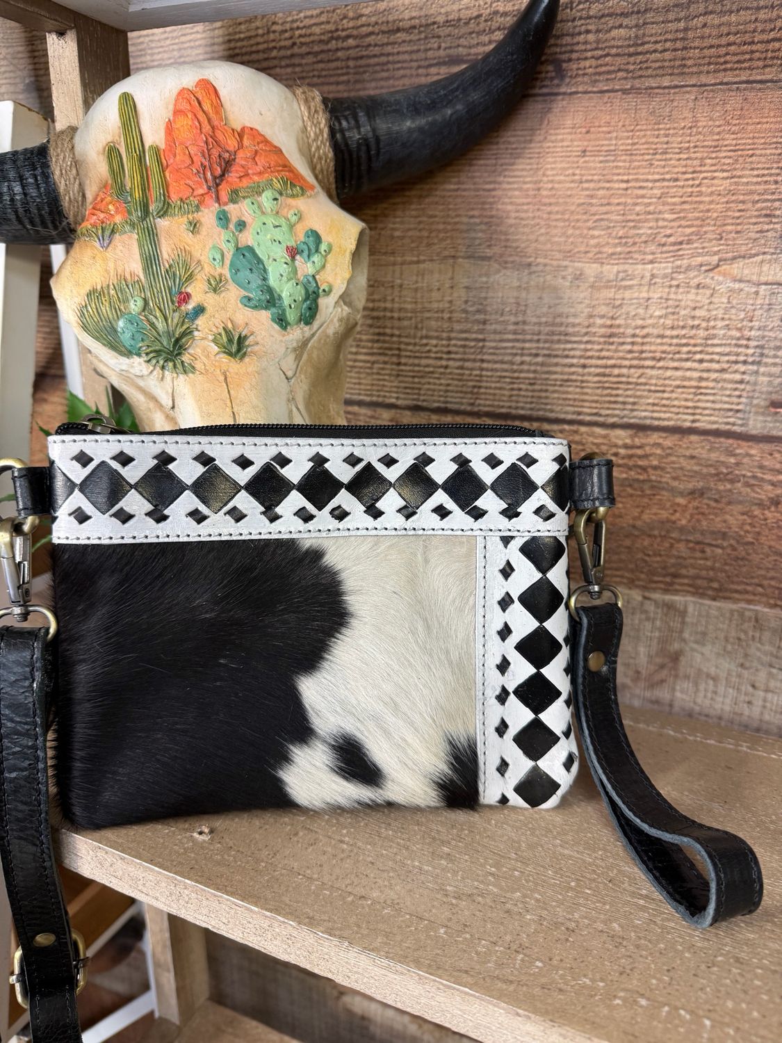 Black &amp; White Cowhide Checkered Crossbody Purse