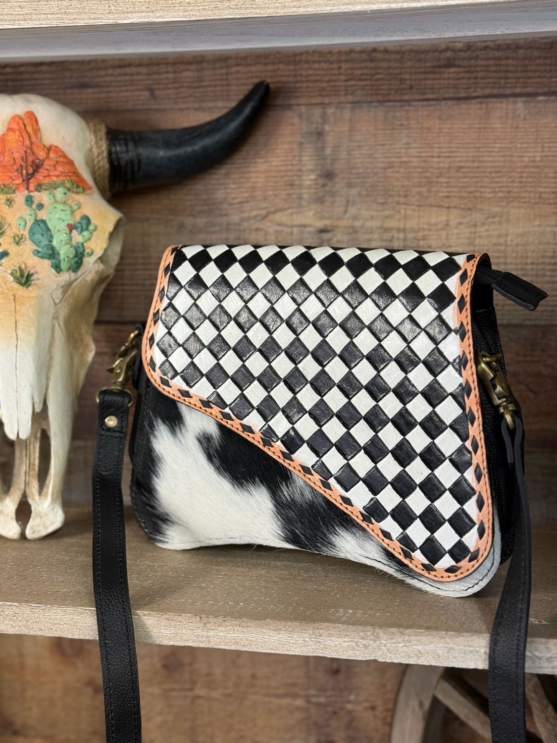 Checkered Leather Cowhide Boho Western Purse