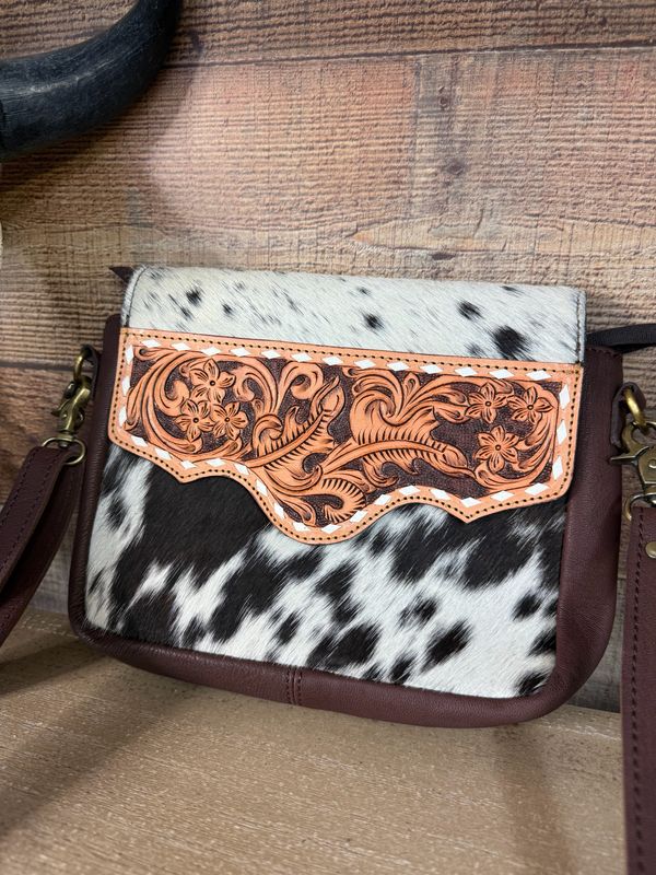 Speckled Cowhide &amp; Tooled Leather Shoulder Crossbody Bag