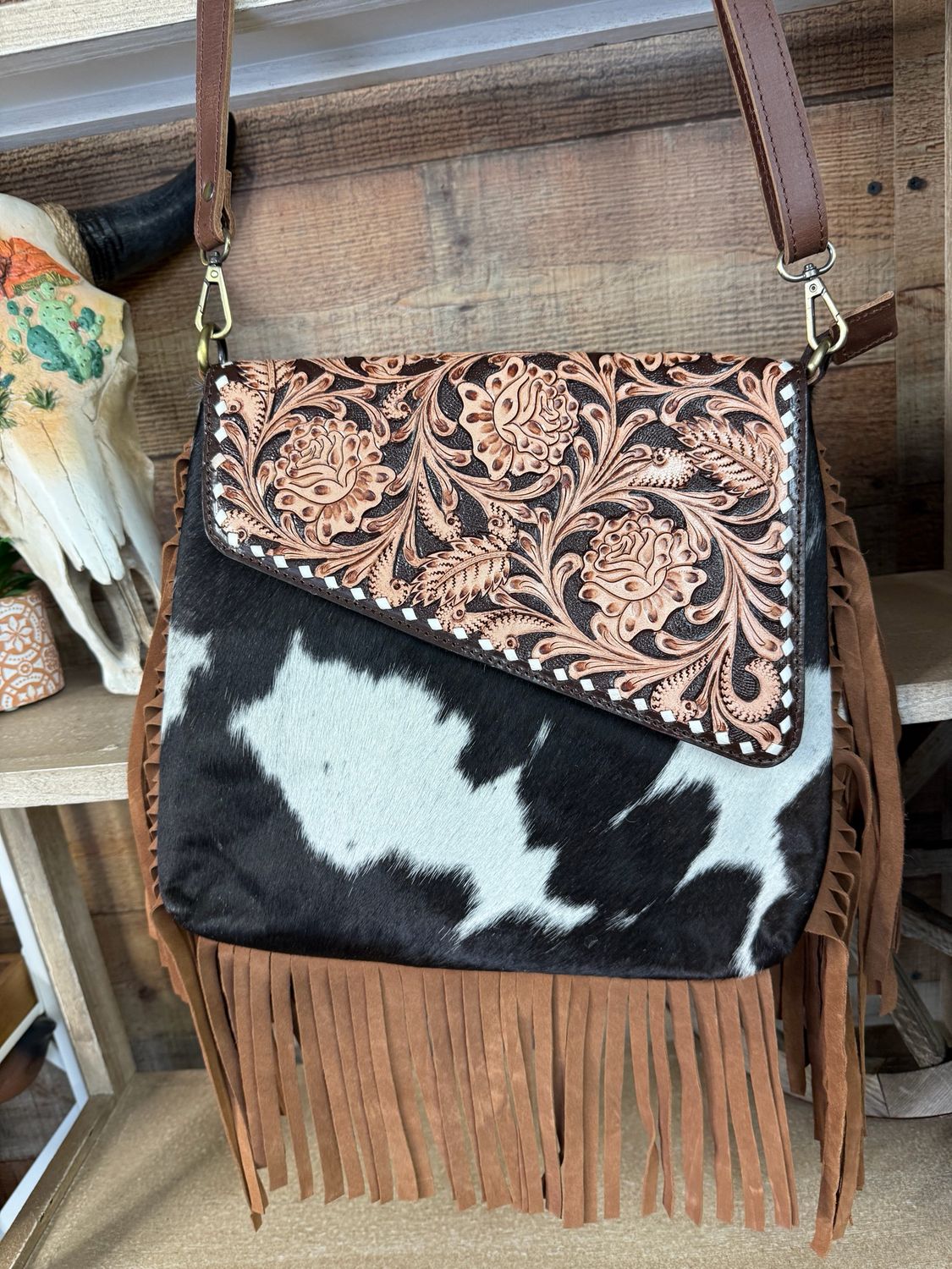 Cowhide &amp; Tooled Leather Western Crossbody Purse
