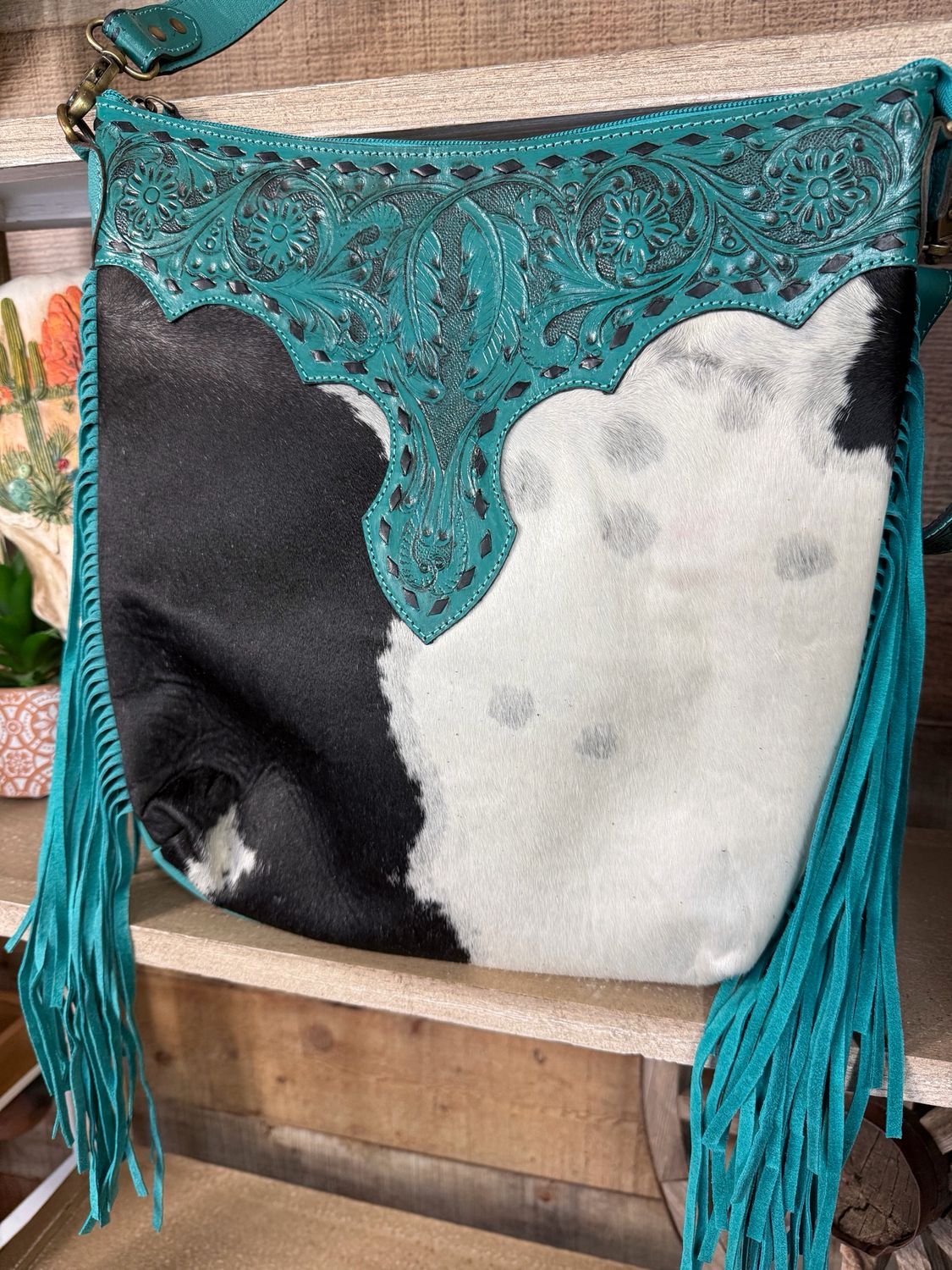 Turquoise Tooled Leather &amp; Cowhide Western Shoulder Bag