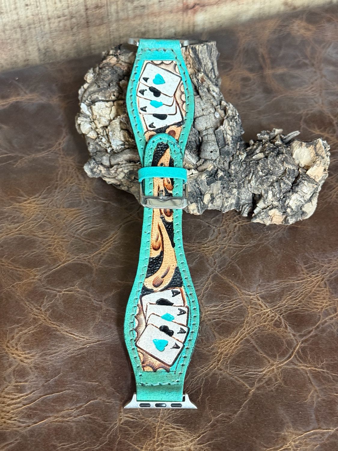 Cards-Teal Tooled Leather Watchband