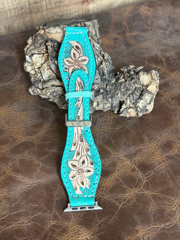 Turquoise Floral Tooled Leather Watchband
